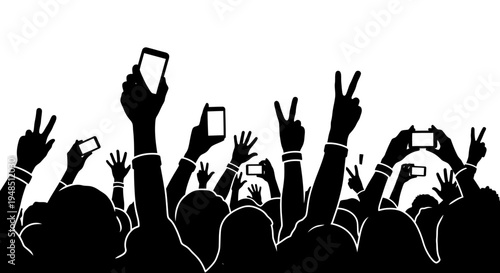Silhouette of a crowd of people with hands raised in peace signs