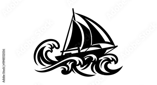 A black sailboat riding on waves in a stylized illustration
