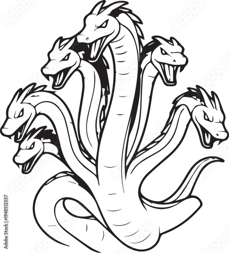 Hydra multi headed serpent mythical creature icon isolated black white line art illustration