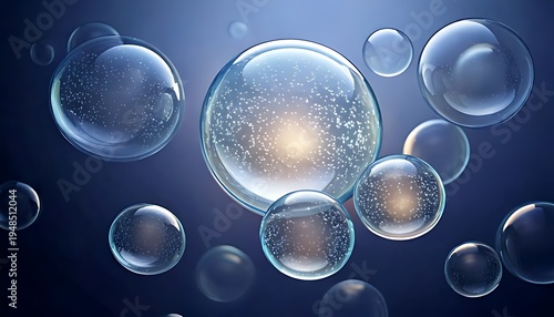 Blue-toned abstract with glowing inner orbs floating against a dark backdrop, resembling molecular structures or water bubbles