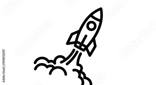 A black line drawing of a rocket ship blasting off into space