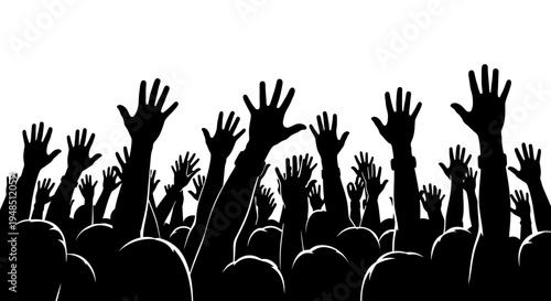 A crowd of people with hands raised in the air