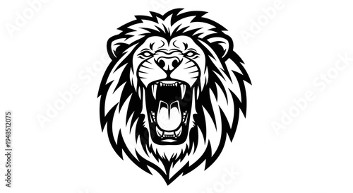 A black and white illustration of a roaring lions head