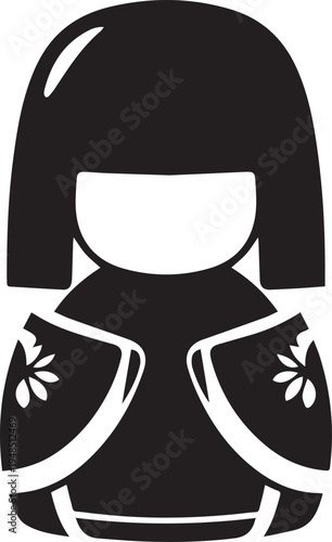 Japanese Kokeshi Doll Icon Minimalist Black White Line Art Isolated Design