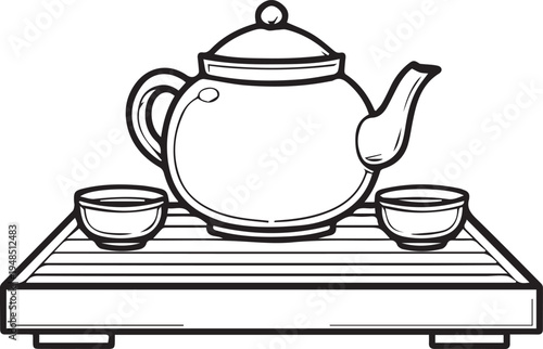 Japanese teapot and cups set icon isolated on white minimalist black outline design
