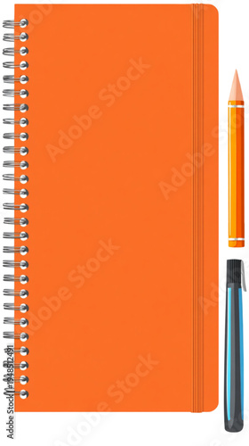 Orange spiral notebook and pencils.