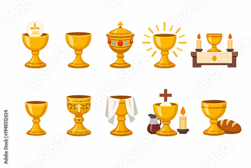 Catholic Eucharist Chalice Icon Set – Flat Liturgical Communion Cup Symbols