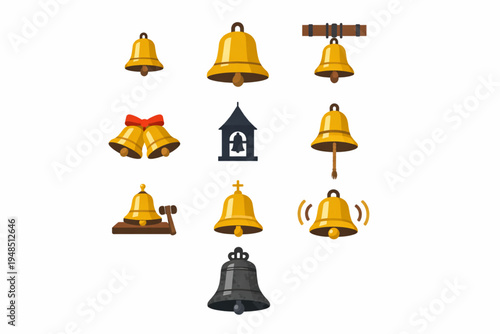 Church Bell Icon Set – Ringing Cathedral Bells and Tower Symbols Flat Design