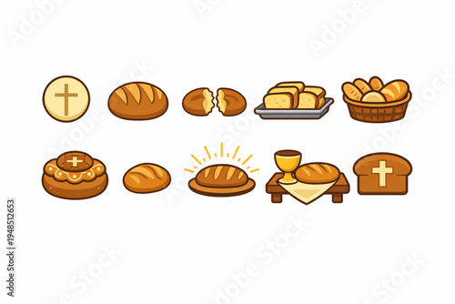 Communion Bread Icon Set – Eucharist Loaf and Sacred Bread Symbols Flat Design