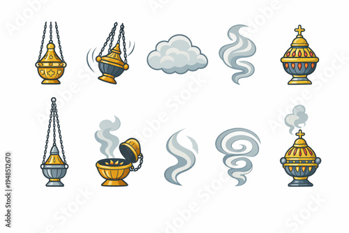 Incense Thurible Icon Set – Church Censer and Sacred Smoke Symbols Flat Design