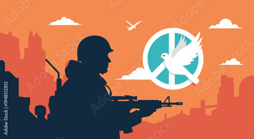 Soldiers on Day of the Veterans stand guard in cityscape with guns and aircraft