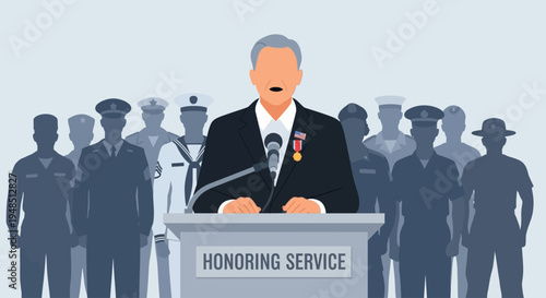 Man speaks on Day of the Veterans at a podium with people behind