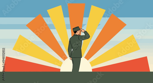 Man in uniform salutes on Day of the Veterans with sunburst