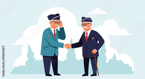 Two military veterans salute and shake hands on Day of the Veterans