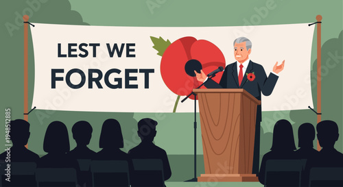 A solemn speaker stands at a podium on Day of the Veterans, addressing a crowd about sacrifices.