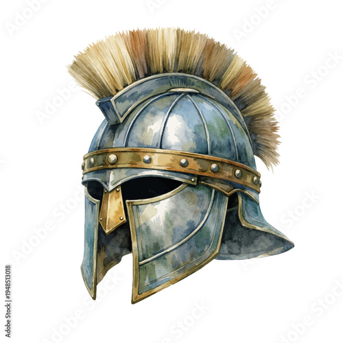 A watercolor vector of a Spartan warrior helmet for ancient armor designs, historical battle themes, and medieval warrior illustrations.