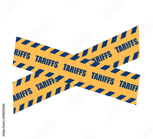 Vector yellow tape with TARIFFS text isolated on transparent background. Trade barriers, import export, international