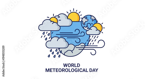Infographic illustration for World Meteorological Day, featuring clouds, rain, sun, and globe on a white background with a concept of climate research and sustainability
