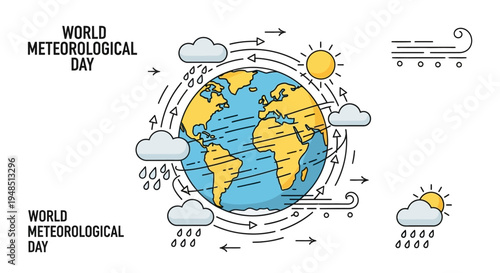 Infographic illustration of Earth with weather elements for World Meteorological Day, showcasing climate and meteorology concepts with a globe, clouds, sun, rain, and lightning on a white