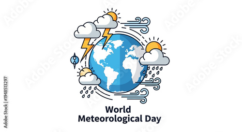 A vector illustration depicting World Meteorological Day with a globe surrounded by weather elements like clouds, lightning, rain, and sun, symbolizing climate research and sustainability