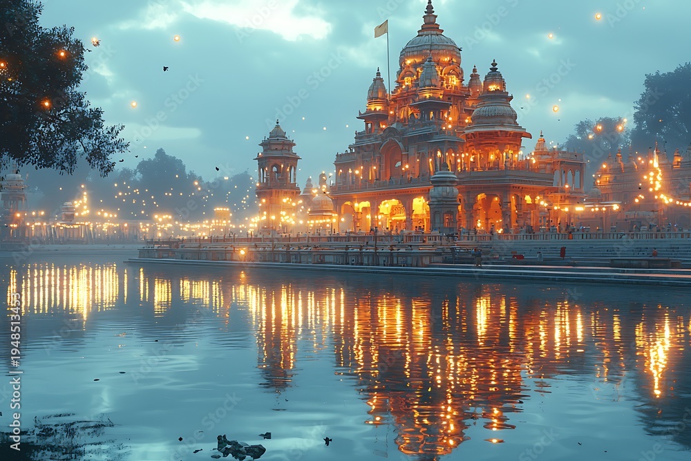 Obraz premium Ayodhya temple illuminated night river reflection spiritual architecture image photo picture