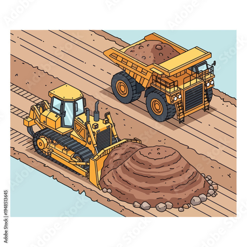 Heavy Construction Equipment Working on a Dirt Road.