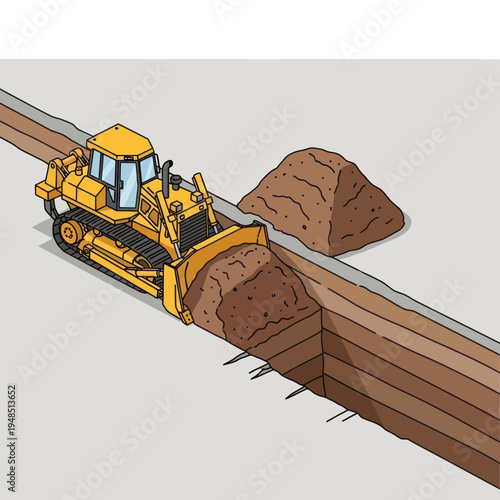 Bulldozer pushing dirt into a trench for construction.