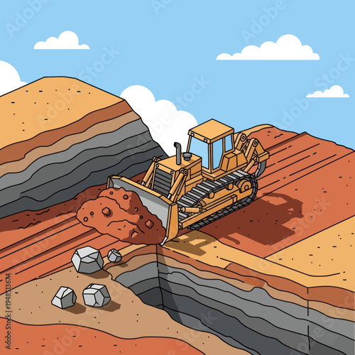 Heavy-duty bulldozer excavating earth and rocks at a construction site.