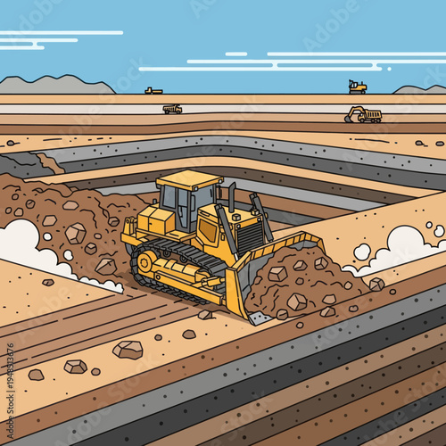 Heavy yellow bulldozer excavating earth at a construction site.