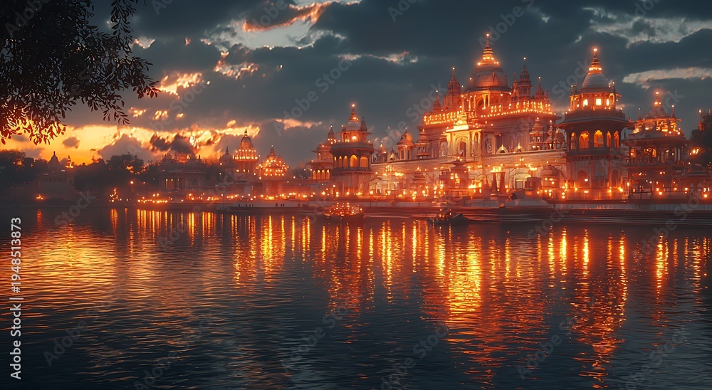 Fototapeta premium Ayodhya temple spiritual architecture glowing reflection image photo picture