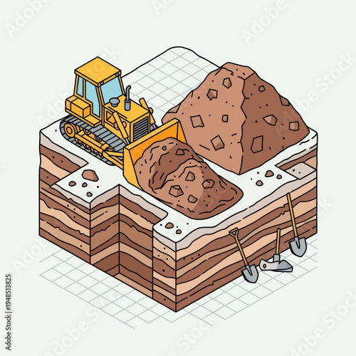 Isometric Construction Site with Bulldozer and Excavated Earth.