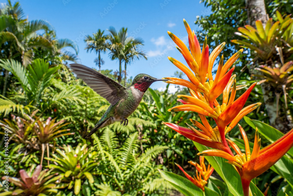 Fototapeta premium Hummingbird hovering mid air near tropical flower in garden
