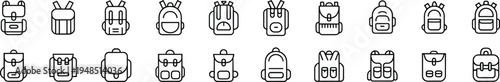 Backpack line icons set, school travel bag symbols collection, student rucksack outline vector, camping luggage minimal design elements
