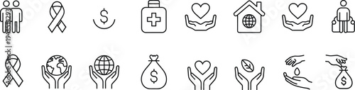 Charity donation line icons set, nonprofit support symbols, fundraising, humanitarian aid, community care, philanthropy, social help outline vector collection