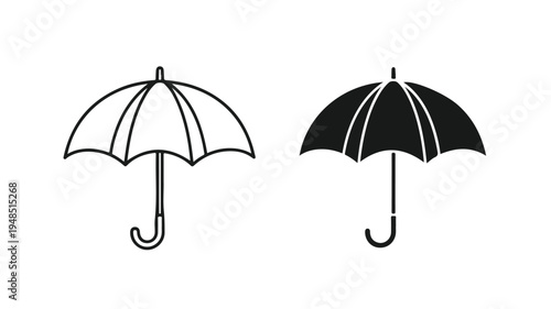 Line art illustration of two umbrellas, one white and one black, against a clean white background in a simple graphic style.