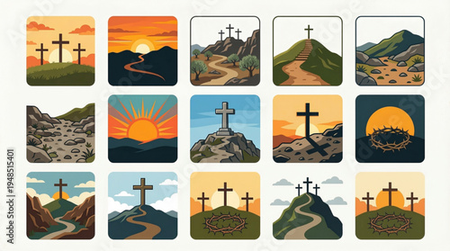 Calvary Hill Icon Set – Three Crosses, Sunset, and Crucifixion Symbols Flat Design