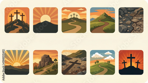 Calvary Hill Icon Set – Three Crosses, Sunset, and Crucifixion Symbols Flat Design