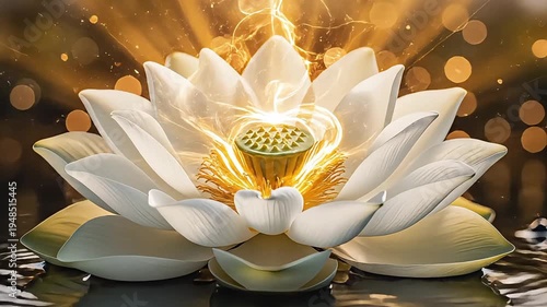 Wallpaper Mural A serene white lotus flower blooms in water with glowing center and bokeh lights Torontodigital.ca