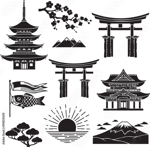 Japanese Culture and Landmark Vector Icon Set: Pagoda, Torii Gate, Mount Fuji, and Sakura
