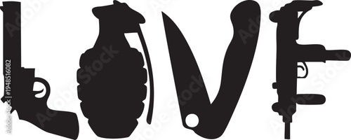 The word LOVE formed by silhouettes of weapons a conceptual illustration for anti-war or conflict themes isolated on white