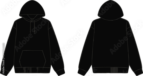 Black hoodie mockup front and back view flat vector illustration for fashion design and apparel branding isolated on white