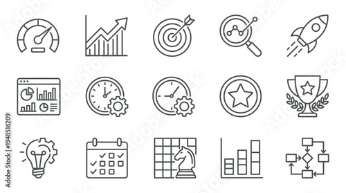 KPI Line Icon Set , Performance, Strategy and Business Analysis Editable Stroke Vector