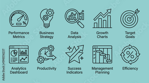 KPI Line Icon Set , Performance, Strategy and Business Analysis Editable Stroke Vector