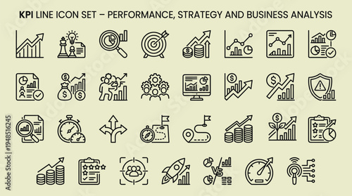 KPI Line Icon Set , Performance, Strategy and Business Analysis Editable Stroke Vector
