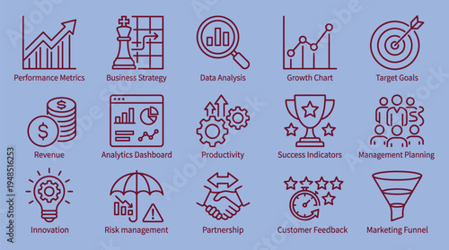 KPI Line Icon Set , Performance, Strategy and Business Analysis Editable Stroke Vector