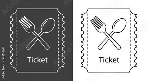 Black and white illustration of two restaurant tickets with crossed fork and spoon on a solid black and white background.