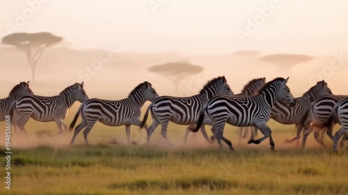 Herd of zebras running across the African savanna at sunrise