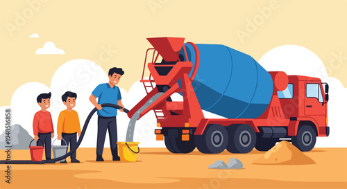 Illustration of three workers operating a cement mixer on a construction site with a clear sky background.