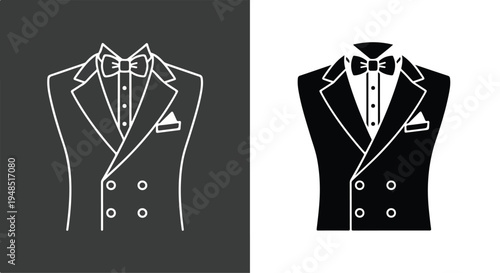 Vector illustration of two tuxedo jackets with white outlines on dark and light backgrounds, showcasing formal wear designs.