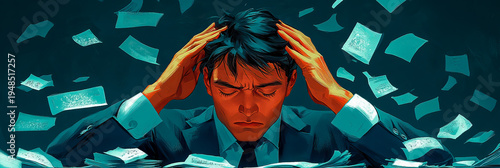 Overwhelmed businessman suffering from immense work-related stress and burnout, clutching his head in despair amidst deluge of paperwork, symbolizing extreme pressure, deadlines, and financial anxiety